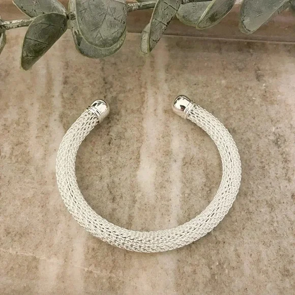 925 Sterling Silver Woven Mesh Cuff Bracelet Silver Bangle Bracelet - Picture 2 of 5